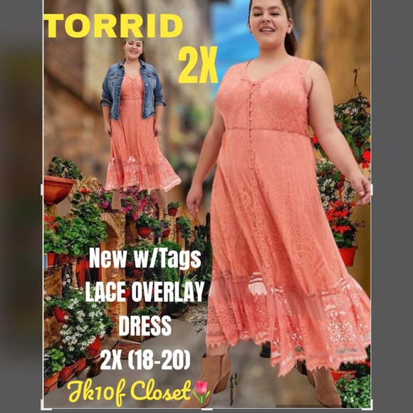 🌻NWT TORRID🌻 2X(18-20) CORAL FLORAL LACE OVERLAY w/FULL SLIP MAXI DRESS - Picture 1 of 15